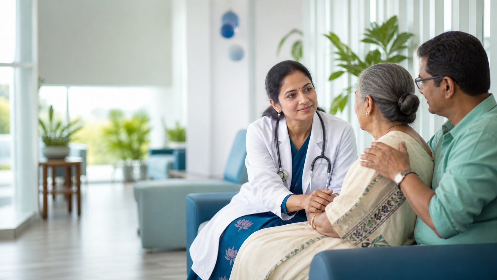 Doctor reassuring an older patient and family member