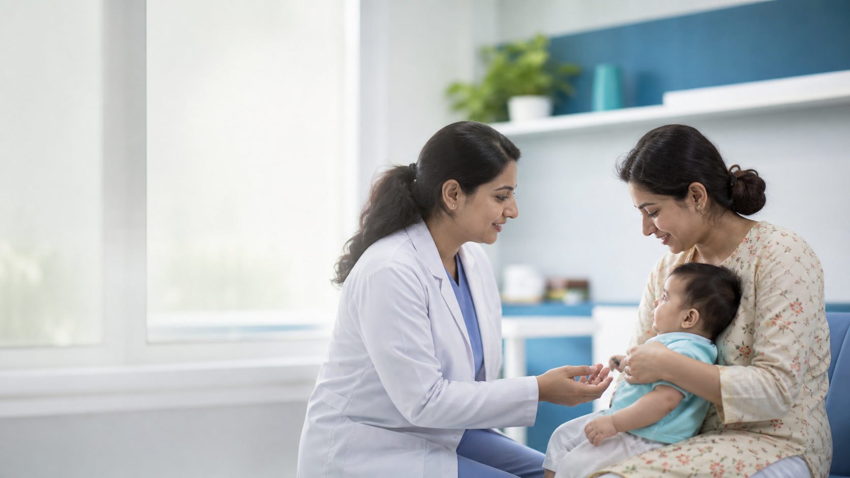 Doctor speaking with a mother and baby